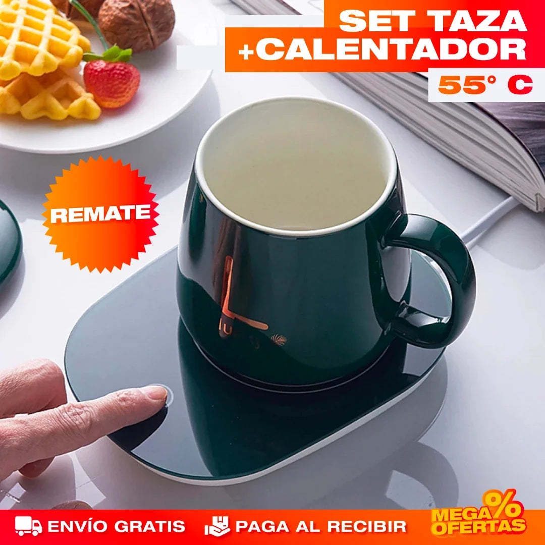 Set Taza Calentador de Lujo – Tu Café Siempre Caliente en el Escritorio